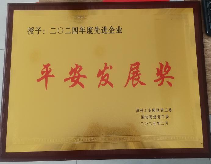 濱州工業(yè)園區(qū)黨工委授予我們公司為“平安發(fā)展獎(jiǎng)”